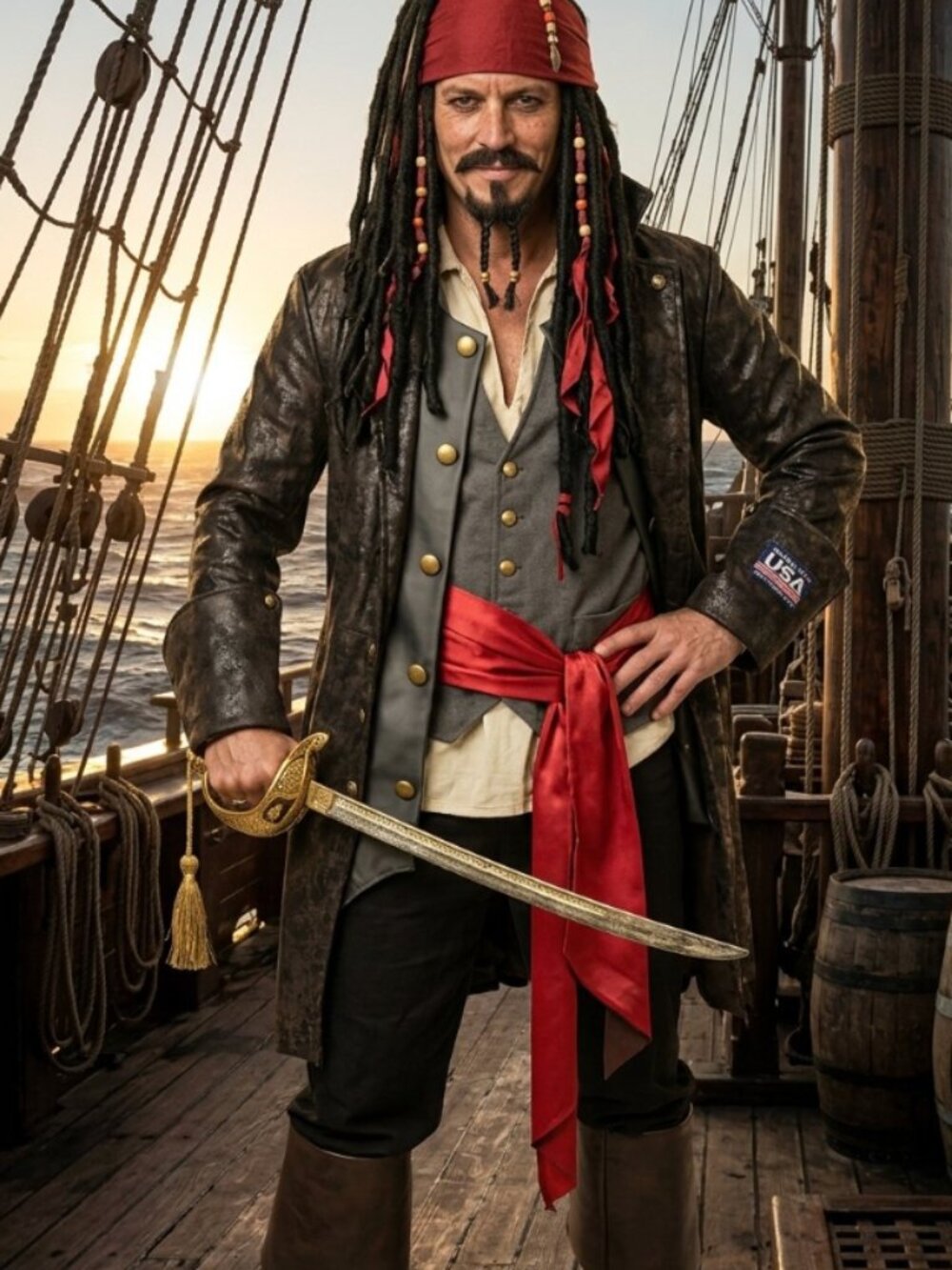 Deluxe "Captain Cutthroat" Buccaneer Pirate Costume Set w additional Pieces.